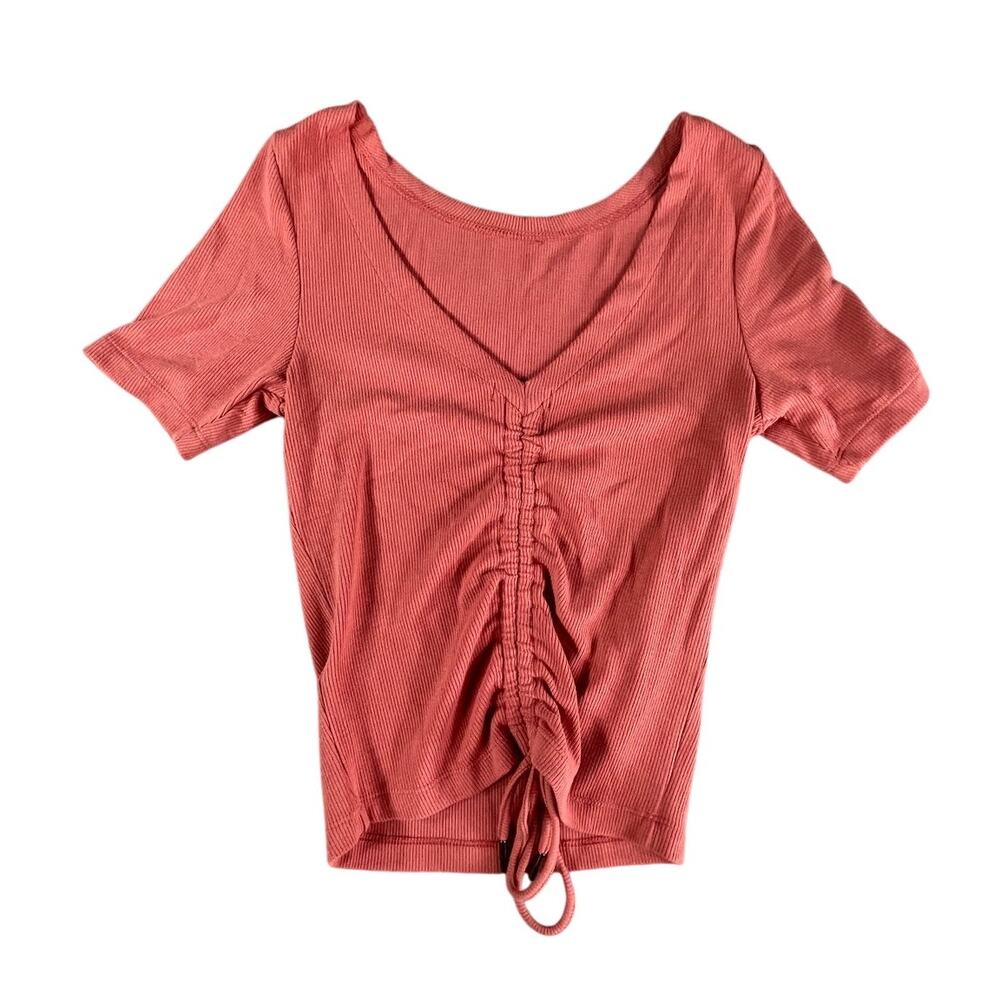 True Religion Shirt Womens Small Pink Cropped Ribbed Drawstring V Neck Stretch